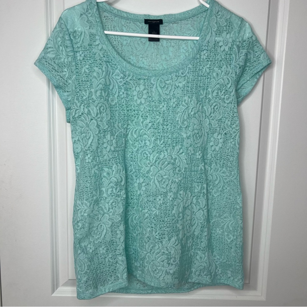 Ann Taylor Women's Light Blue Lace Short Sleeve Top